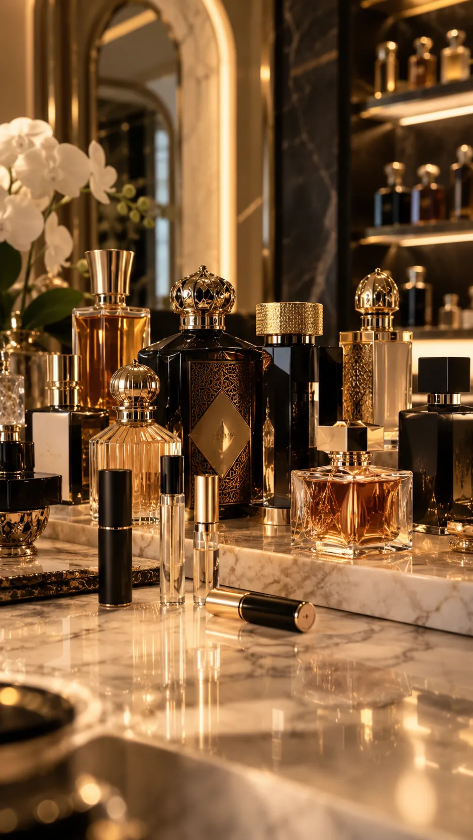 Vitrina con perfumes árabes de tapas doradas y decants en primer plano